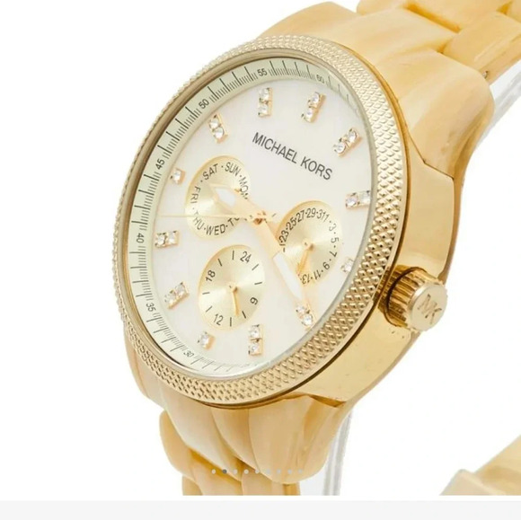 Michael Kors Mother Of Pearl Gold Tone Stainless Steel Horn Resin Jet Set MK5039 - Picture 13 of 13